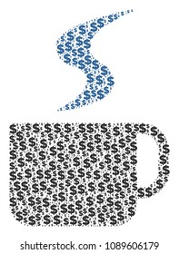Hot coffee cup mosaic of dollars and round spots. Vector dollar signs are arranged into hot coffee cup mosaic.