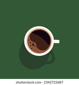 Hot coffee cup on green background. Tasty breakfast concept. Energy drink. Flat vector design close up. Coffee break art. Cafe poster mock up. Mug icon view. Fresh morning beverage. Aroma coffe sign.