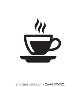 Hot coffee cup on saucer, simple vector icon.A simple, black and white silhouette of a coffee cup on a saucer, with steam rising from the cup.