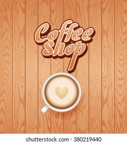 Hot Coffee cup on white wooden vector background. latte