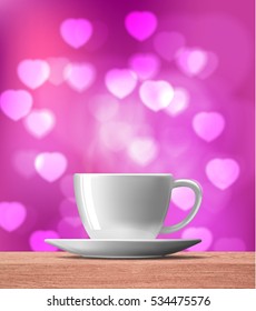 hot coffee cup on wood table with love bokeh background