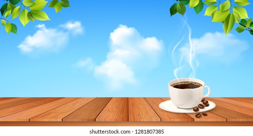 Hot coffee cup with organic coffee beans on the wooden table and the Refreshing atmosphere background. Vector illustration.