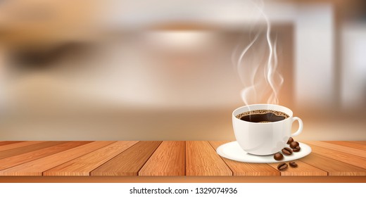 Hot coffee cup with organic coffee beans on the wooden table and the Coffee shop atmosphere background. Vector illustration.
