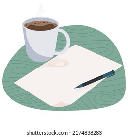Hot Coffee in cup, pen and piece of blank paper with green bubble isolated on white background. Preparation to start work. Flat design vector illustration