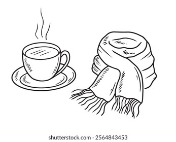 Hot coffee cup with plate and warm cozy scarf as a symbols of cold winter time in black isolated on white background. Hand drawn vector sketch illustration in doodle vintage engraved line art style