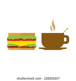 Hot Coffee Cup And Sandwich Vector Illustration