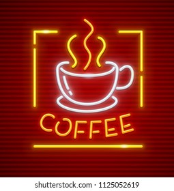 Hot coffee in cup with saucer. Neon icon sign. EPS10 vector illustration.