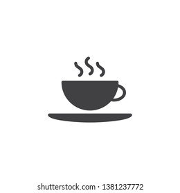 Hot coffee cup and saucer vector icon. filled flat sign for mobile concept and web design. Tea cup with hot drink glyph icon. Breakfast symbol, logo illustration. Pixel perfect vector graphics