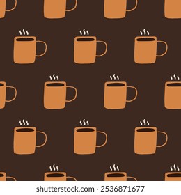 Hot coffee cup. Seamless pattern. Hand drawn illustration on dark background.