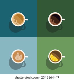 Hot coffee cup set green background. Tasty breakfast concept. Energy drink. Flat vector design close up. Coffee break art. Cafe poster mock up. Mug icon view. Fresh morning beverage. Aroma coffe sign.