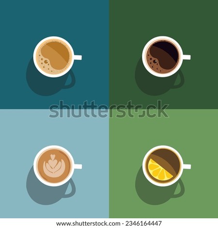 Hot coffee cup set green background. Tasty breakfast concept. Energy drink. Flat vector design close up. Coffee break art. Cafe poster mock up. Mug icon view. Fresh morning beverage. Aroma coffe sign.