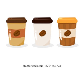 Hot coffee cup set vector illustration. Warm and delicious beverage cartoon. Can be used for coffee shop branding, cafe menu and sticker 