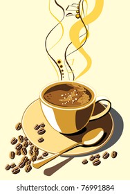 Hot coffee cup and spoon with coffee beans isolated on brown background