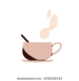 Taza de café caliente con vapor, descanso de la mañana. Bebida caliente aromática, capuchino para calidez y energía. Bebida de desayuno en taza, taza de té en platillo. Ilustración vectorial plana aislada sobre fondo blanco