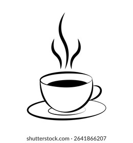Hot Coffee Cup with Steam on Saucer Vector Illustration. A hot coffee cup placed on a saucer, with three stylized steam lines rising above the cup.
