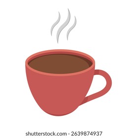 Hot Coffee Cup with Steam Vector Illustration. A simple and modern flat vector illustration of a red coffee cup filled with hot brown coffee.