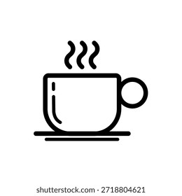 Taza de café caliente - taza humeante en el arte de la línea del platillo - icono del Vector