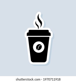 Hot coffee cup sticker, logo, icon. Vector. Paper mug. Disposable coffee cup icon with beans logo. Coffee shop logo. Vector on isolated background. EPS 10