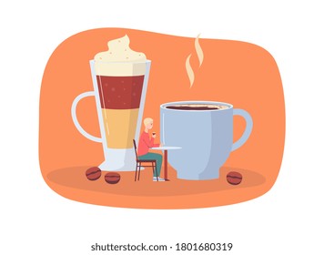 Hot coffee cup and sweet iced layered drink in glass with cartoon man drinking a beverage at cafe table. Vector illustration of espresso and latte lover.
