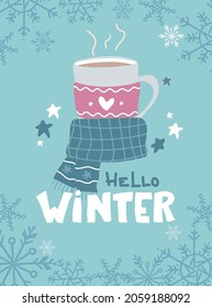 Hot coffee in cup. Cup of coffee or tea swathed in scarf. Winter background. Christmas card. hello winter