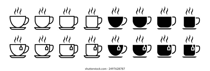 Hot coffee cup vector icon set. hot tea beverage mug symbol.