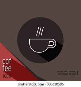 Hot coffee cup vector icon. Hot chocolate, tea, espresso. Round flat design sign with long shadow.