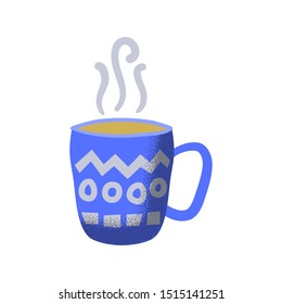 Hot coffee cup, vector illustration on white background. Cozy mug with hot drink. Tea or coffee in handdrawn cup.  Xmas sticker. Winter holiday greeting card design element. New Year clipart
