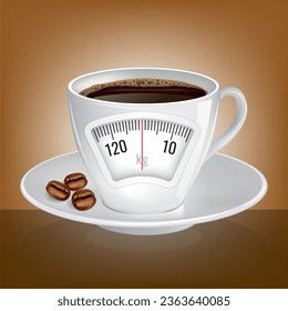 Hot coffee cup with a weight scale. Diet concept. Vector.