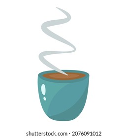 Hot coffee cup for your design. Abstract blue cup of coffee or tea with steam. Icon. Minimalism. Good morning poster. Vector flat isolated mug of strong drink close up Cute isolated design for packing