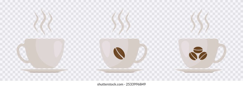 Hot coffee cups with bean icon set in transparent background