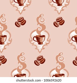 Hot coffee cups and beans seamless pattern.