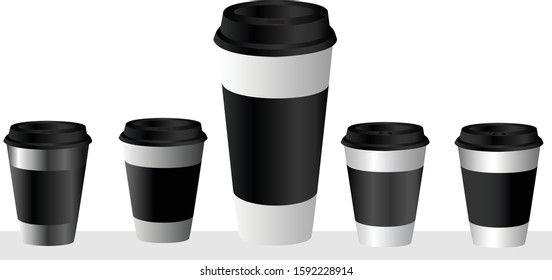 Hot coffee cups with black lids in white background