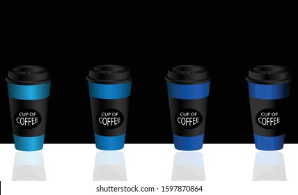 Hot coffee cups in blue with different shades of cups and black lids in white background