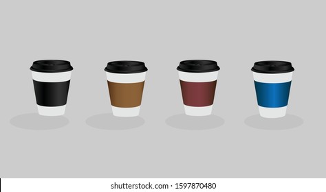 Hot coffee cups with different multicolour cups with black lids in white background
