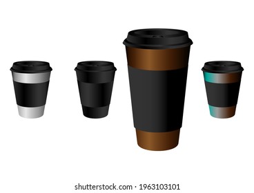 Hot coffee cups with different multicolour cups with black lids in white background