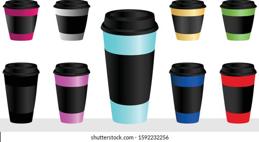Hot coffee cups with different shades and multicolour cups with black lids in white background