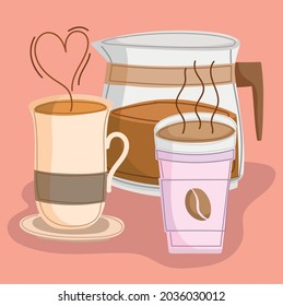 hot coffee cups and maker cartoon