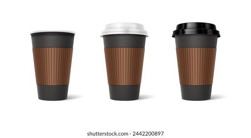 Hot coffee cups with sleeves 3d realistic vector illustration set. Disposal mugs with plastic lids design. Take away drinks on white background