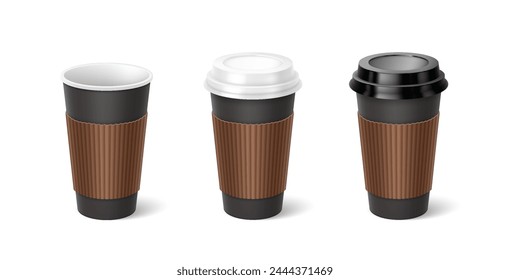 Hot coffee cups with sleeves 3d realistic vector illustration set. Disposal mugs with plastic lids design. Take away drinks on white background