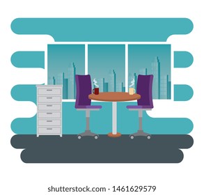 hot coffee cups in the table with chairs and file cabinet