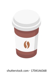 Hot coffee in a disposable brown cardboard cup with a white plastic lid. Coffee bean is drawn on a cup. Isometric isolated vector object on a white background.