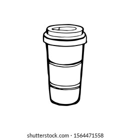 Hot coffee disposable to go cup with lids and label with text isolated on a white. Hand drawn illustrations