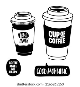 Hot coffee disposable to go cup. Hand drawn take away illustrations.