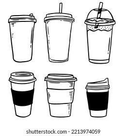 Hot coffee disposable to go cup. Hand drawn take away illustrations.