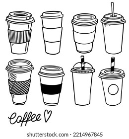 Hot coffee disposable to go cup. Hand drawn take away illustrations.