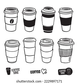 Hot coffee disposable to go cup. Hand drawn take away illustrations.