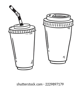 Hot coffee disposable to go cup. Hand drawn take away illustrations.
