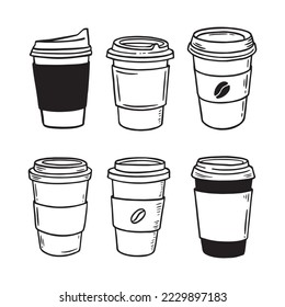 Hot coffee disposable to go cup. Hand drawn take away illustrations.