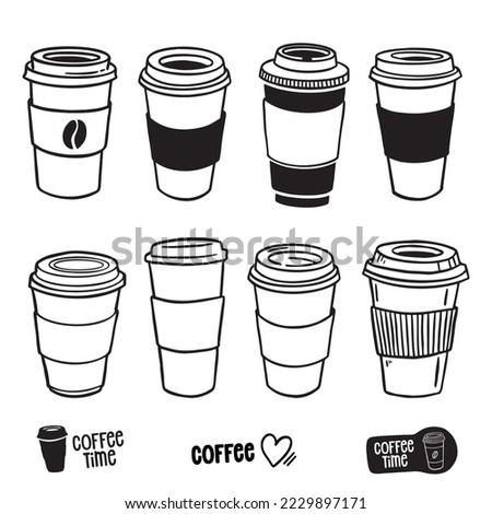 Hot coffee disposable to go cup. Hand drawn take away illustrations.