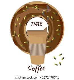 Hot coffee in disposable takeaway cup and sweet donut with chocolate icing and sprinkling. Breakfast or lunch time concept with coffee time text,. Vector color illustration on white background.